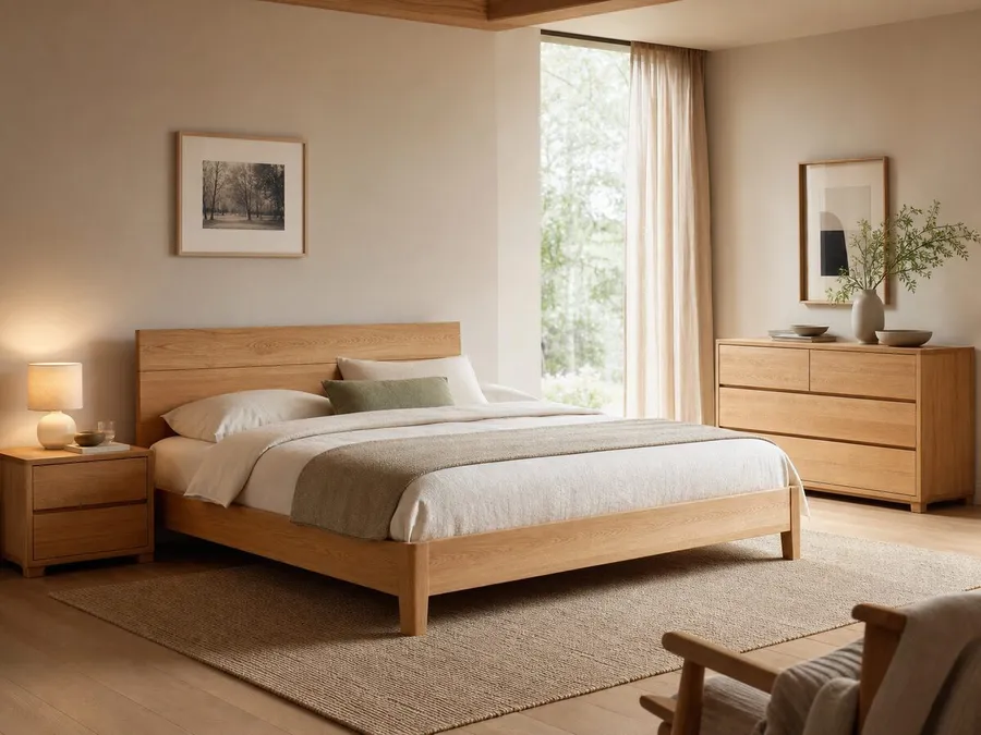 Massivholz-Schlafzimmer in heller Eiche als ruhiges Materialprinzip