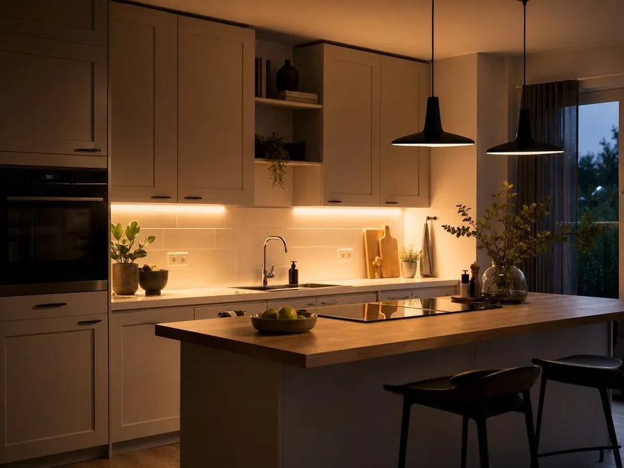 LED-Unterbauleuchten mit warmem Lichtton plus Akzentlicht über der Insel