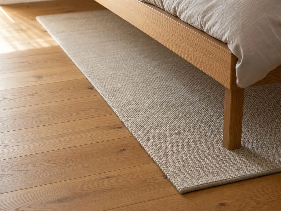 Geölter Holzboden mit flachem Teppich unter dem Bett, der unsichtbare Teil der Ruhe