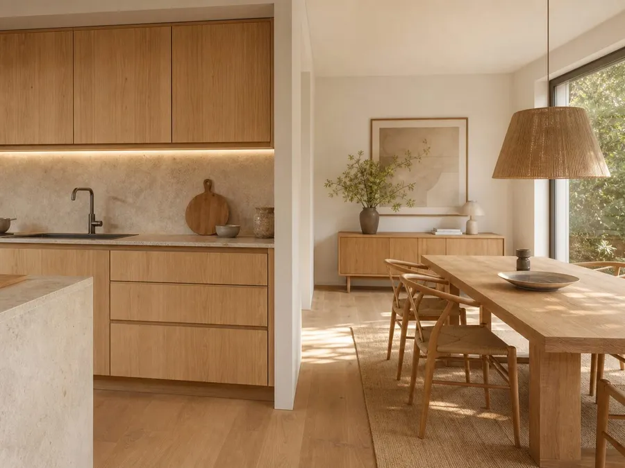 Übergang von Küche zu Esszimmer mit durchgängiger Materialwelt