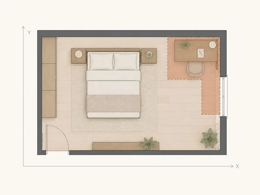 Grundrissberatung für Schlafzimmer mit Schreibplatz als redaktionelle GRW-Bildgrafik