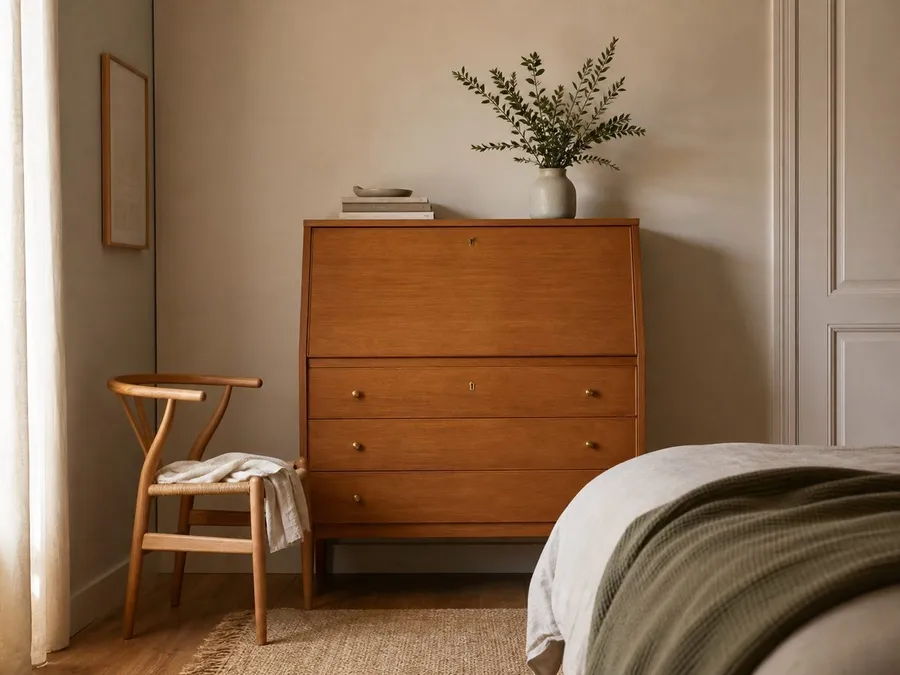 Geschlossener Sekretär im Schlafzimmer als redaktionelle GRW-Bildgrafik