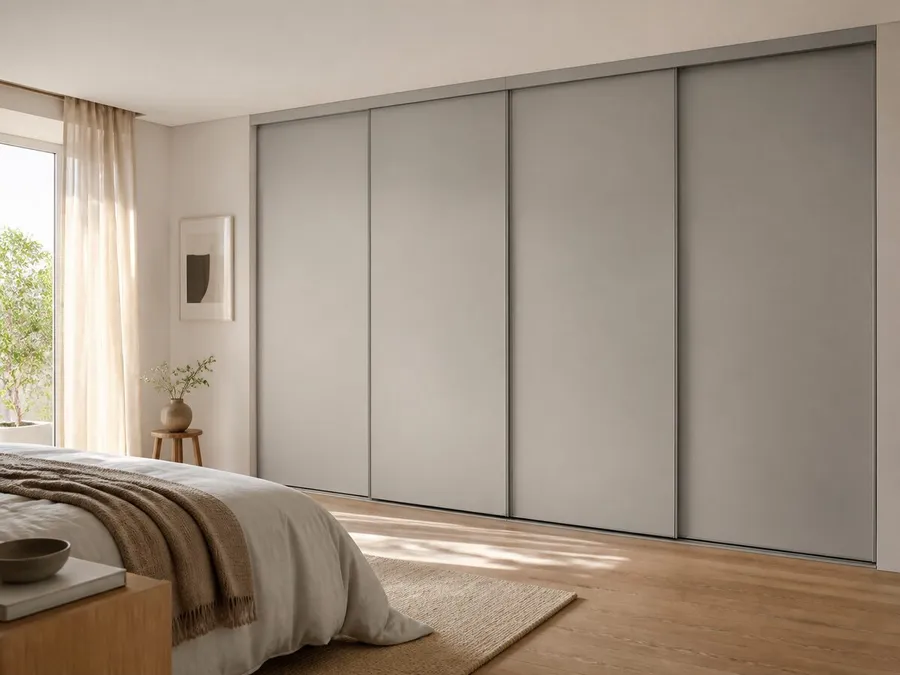 Deckenhohe Schiebetür-Schrankwand als Stauraumprinzip im Schlafzimmer