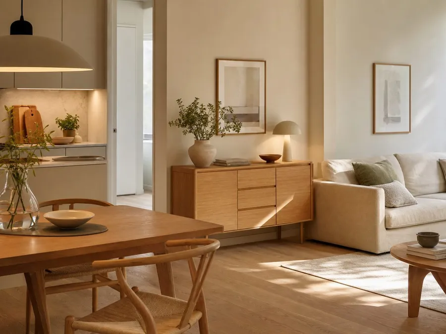 Übergangsmöblierung mit Esstisch, Sideboard und Sofa als redaktionelle GRW-Bildgrafik