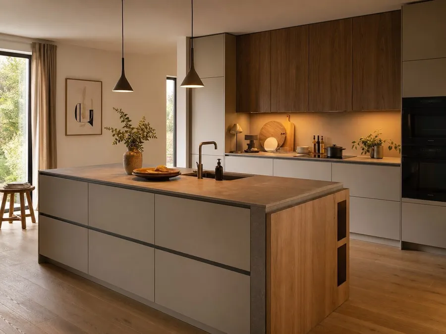 Wohnliche Küche mit Insel und ruhigem Materialmix