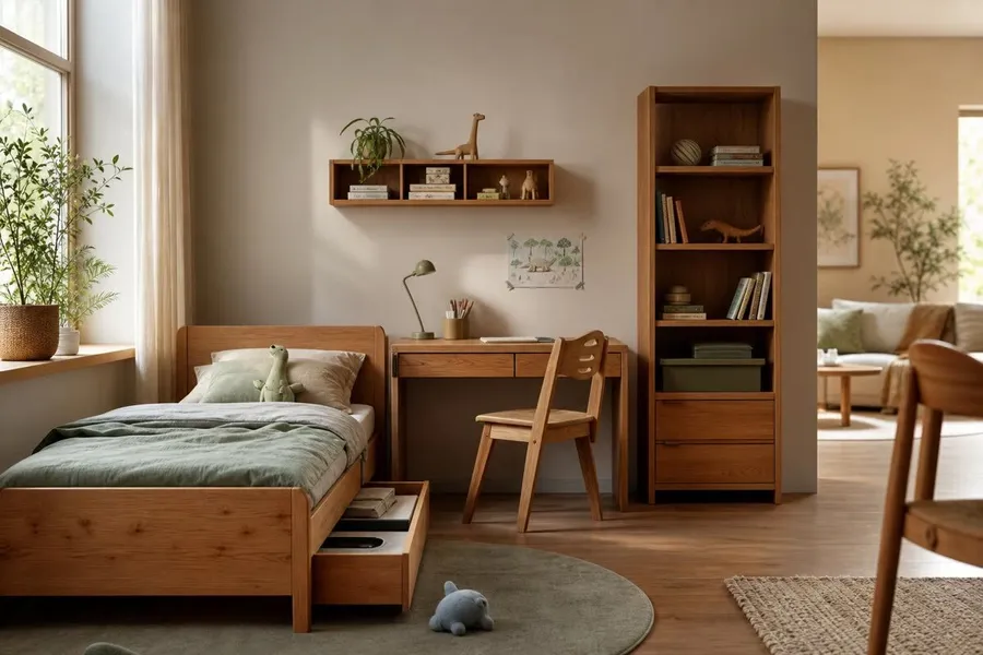 Kinderzimmermöbel-Ensemble aus Massivholzbett, Schreibtisch und Regal
