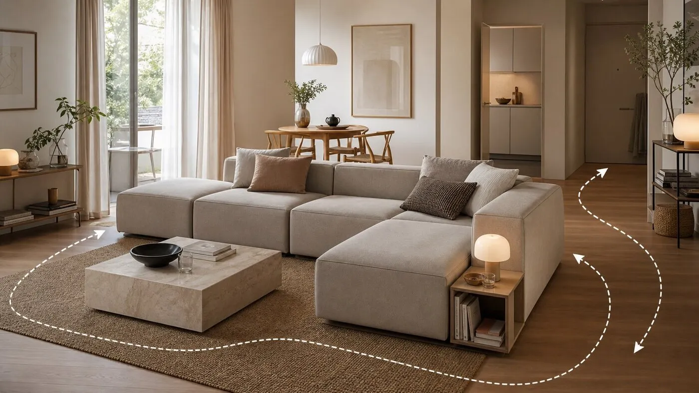 Modulares Sofa in einer kompakten Wohnung als Planungsbeispiel