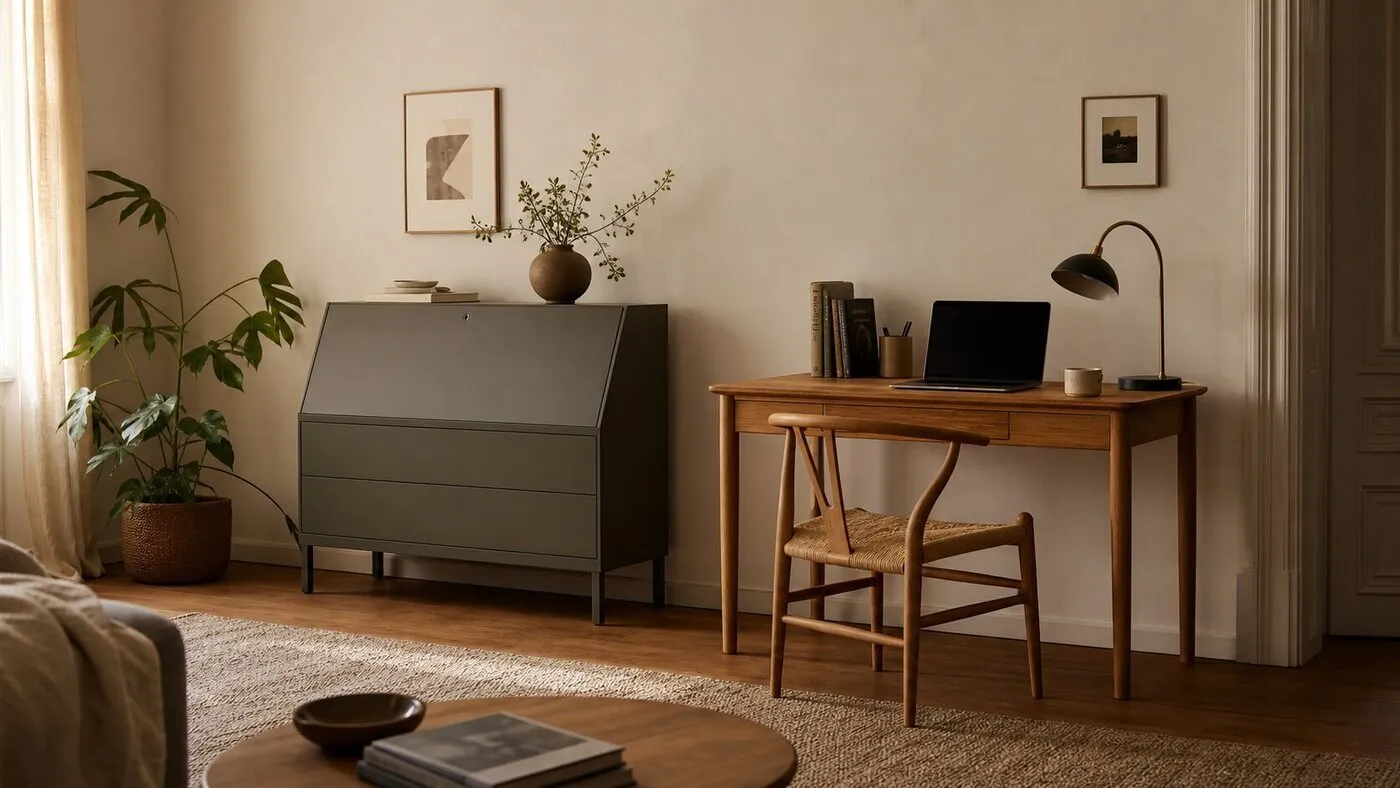 Sekretär und Schreibtisch im selben Wohnzimmer fotografiert